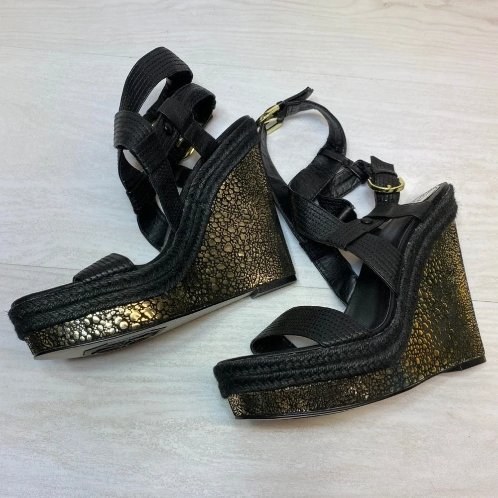 Donald J Pliner Womens 9.5M Michelle Wedge Sandals Black Gold Leather Espadrille